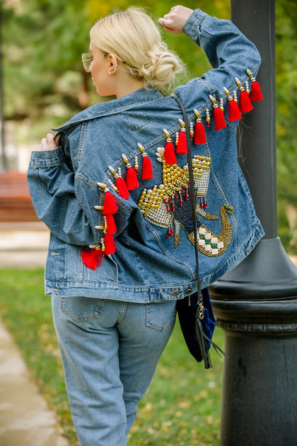 Weekday gentle embroidered varsity jacket in bright red