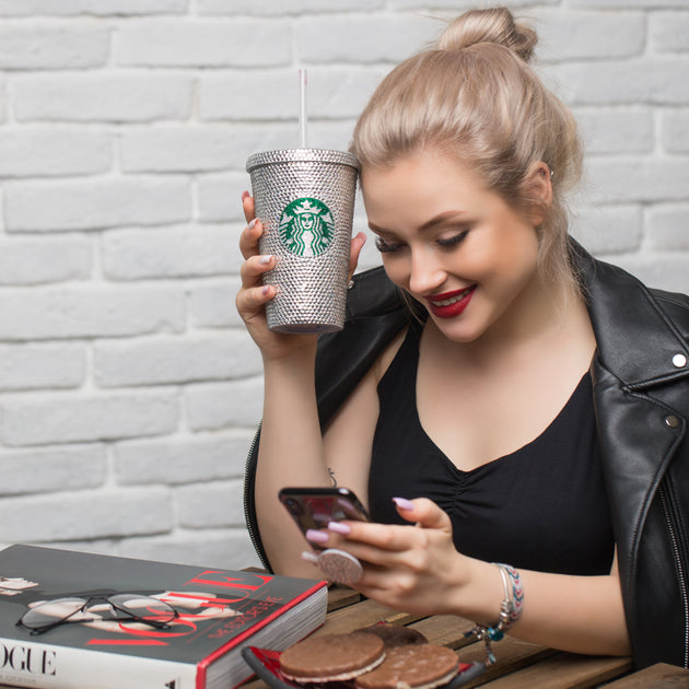 Hot Pink AB Rhinestone Starbucks Reusable 24 oz Cold Cup.